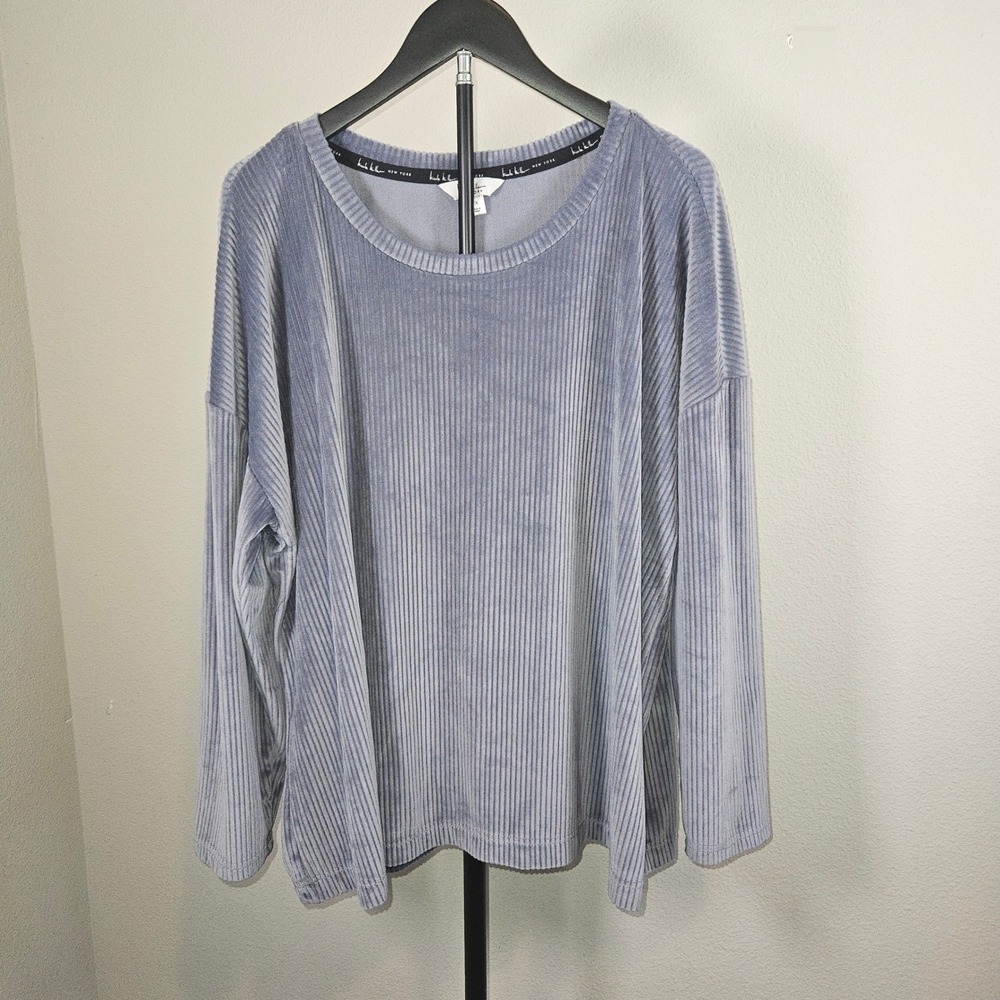 Nicole Miller Ribbed Velour Top Women 1X Blue Long Sleeve Relaxed Cozycore